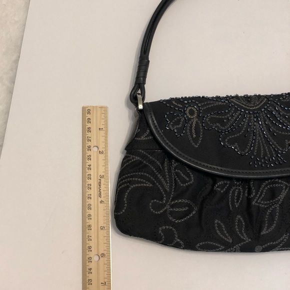 TALBOTS Black Bag With Cream Needlpoint and Adorned with Beautiful Blue Beeding - Picture 6 of 12